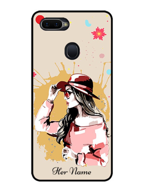 Custom Oppo F9 Pro Photo Printing on Glass Case - Women with pink hat Design