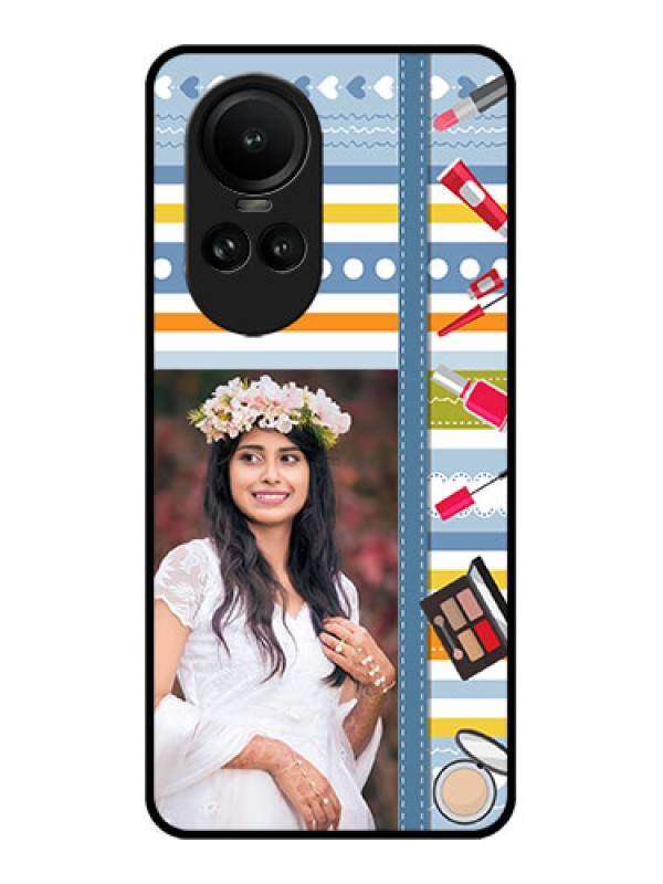 Custom Oppo Reno 10 5G Personalized Glass Phone Case - Makeup Icons Design