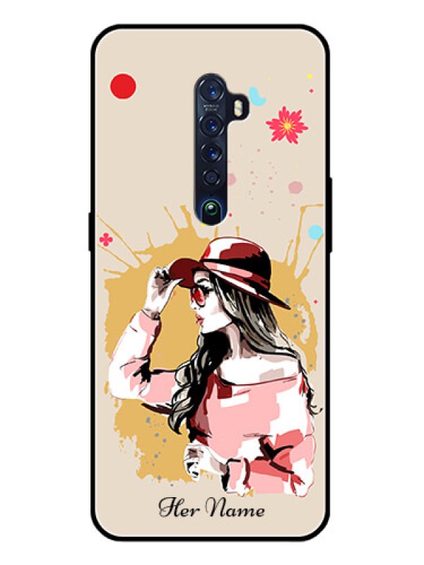 Custom Oppo Reno 2 Photo Printing on Glass Case - Women with pink hat Design