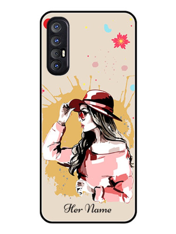Custom Oppo Reno 3 Pro Photo Printing on Glass Case - Women with pink hat Design