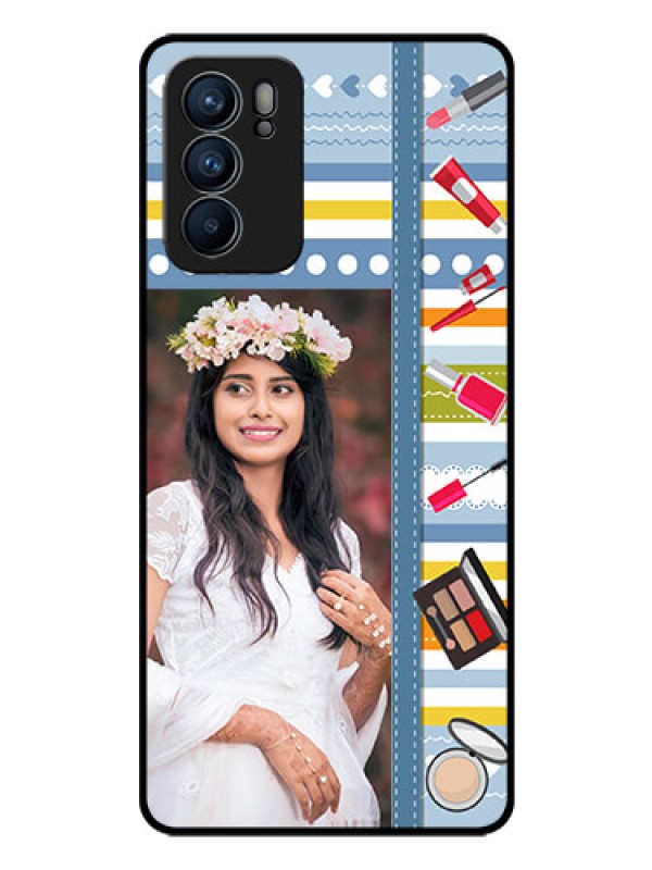 Custom Reno 6 5G Personalized Glass Phone Case - Makeup Icons Design