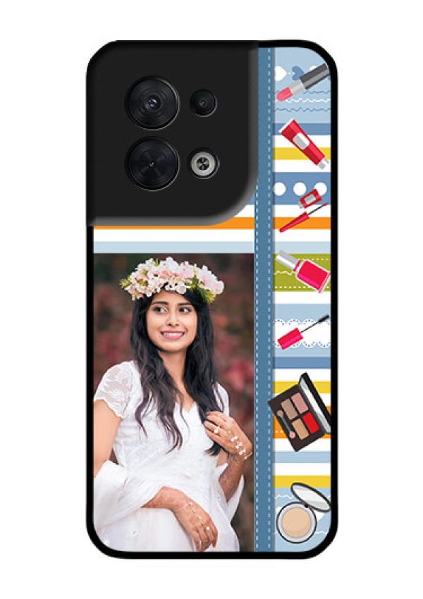 Oppo Reno 8 5G Personalized Glass Phone Case - Makeup Icons Design