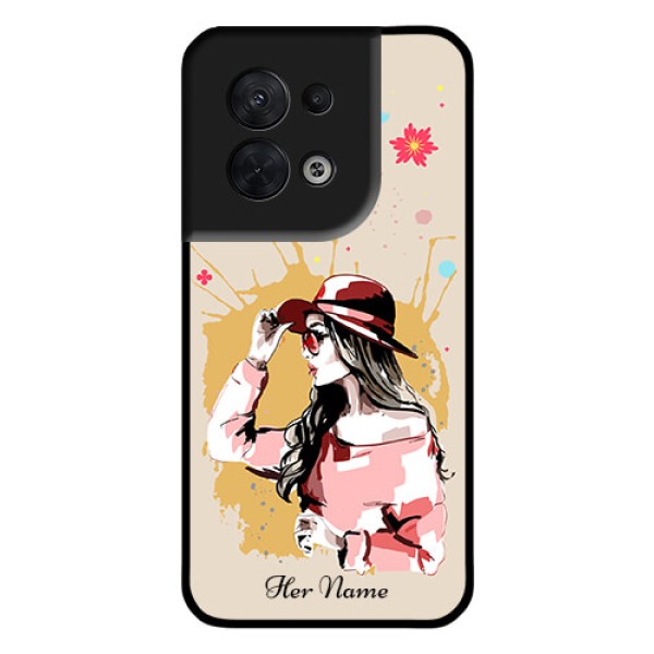 Oppo Reno 8 5G Photo Printing on Glass Case - Women with pink hat Design Oppo Reno 8 5G Photo Printing on Glass Case - Women with pink hat Design