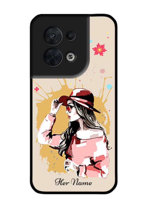 Oppo Reno 8 5G Photo Printing on Glass Case - Women with pink hat Design