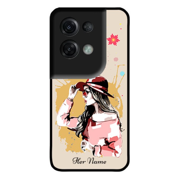 Oppo Reno 8 Pro 5G Photo Printing on Glass Case - Women with pink hat Design Oppo Reno 8 Pro 5G Photo Printing on Glass Case - Women with pink hat Design
