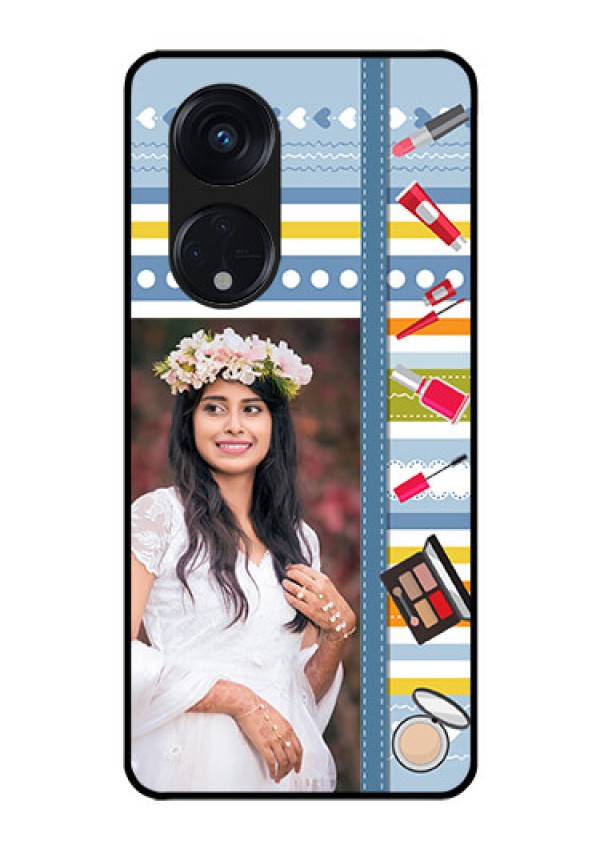 Oppo Reno 8T 5G Personalized Glass Phone Case - Makeup Icons Design