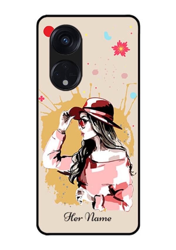Oppo Reno 8T 5G Photo Printing on Glass Case - Women with pink hat Design