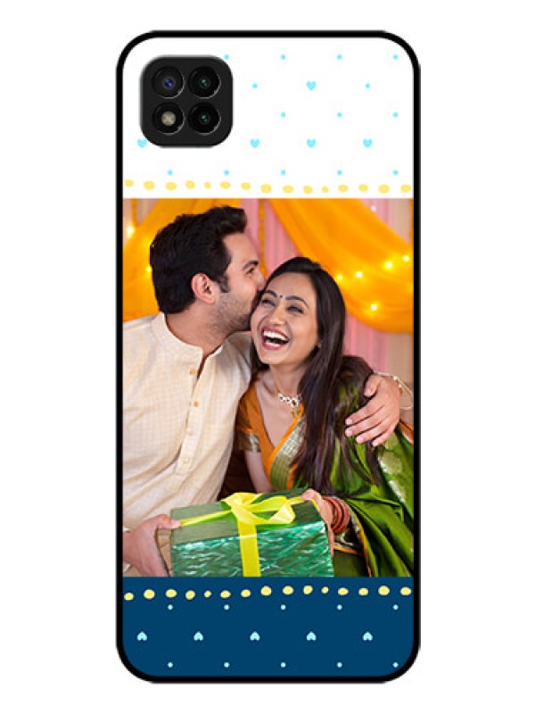 Custom Poco C3 Personalized Glass Phone Case - White and Blue Abstract Design