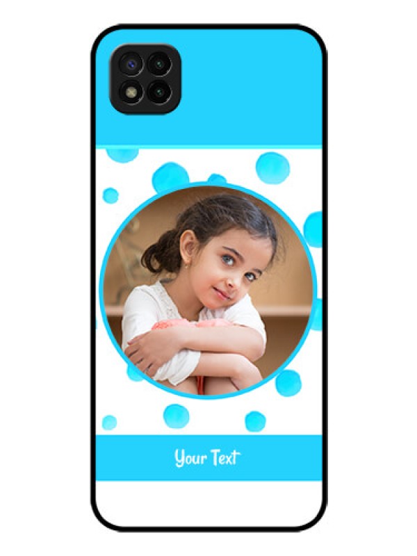Custom Poco C3 Photo Printing on Glass Case - Blue Bubbles Pattern Design