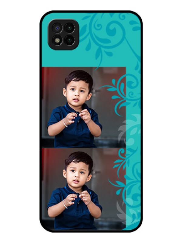 Custom Poco C3 Personalized Glass Phone Case - with Photo and Green Floral Design