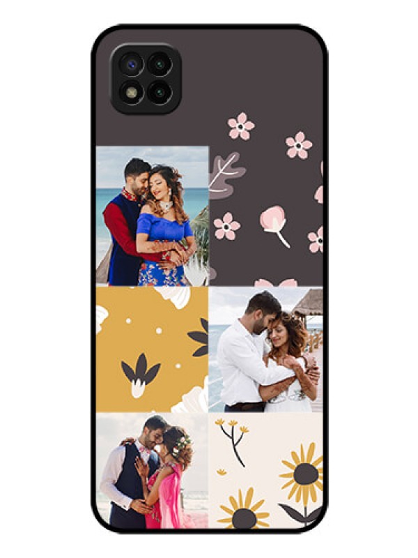 Custom Poco C3 Photo Printing on Glass Case - 3 Images with Floral Design