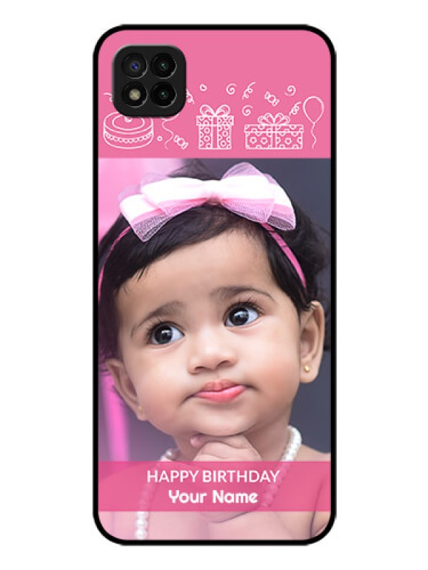 Custom Poco C3 Photo Printing on Glass Case - with Birthday Line Art Design