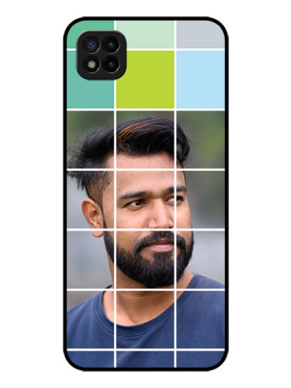 Custom Poco C3 Photo Printing on Glass Case - with white box pattern