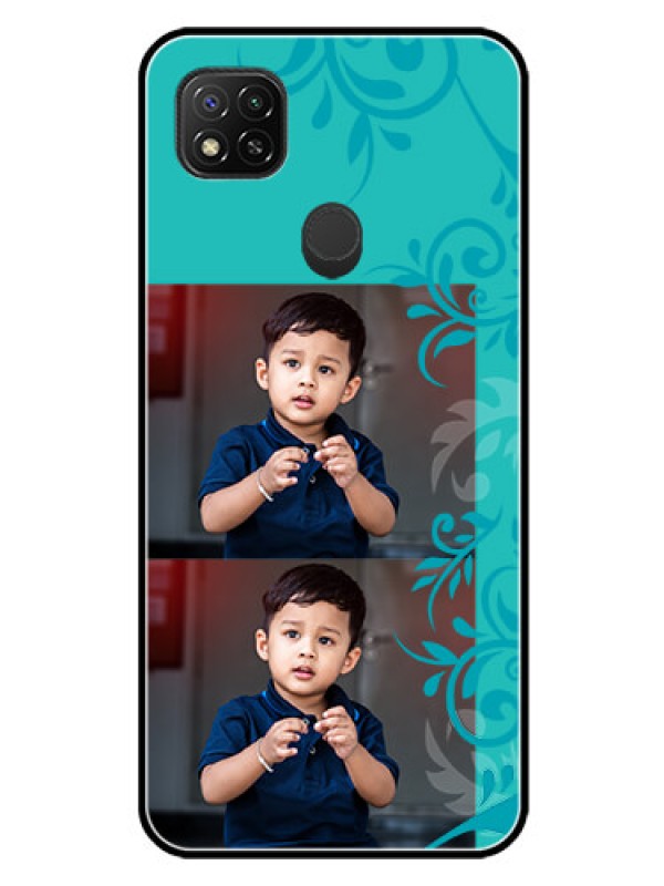 Custom Poco C31 Personalized Glass Phone Case - with Photo and Green Floral Design 