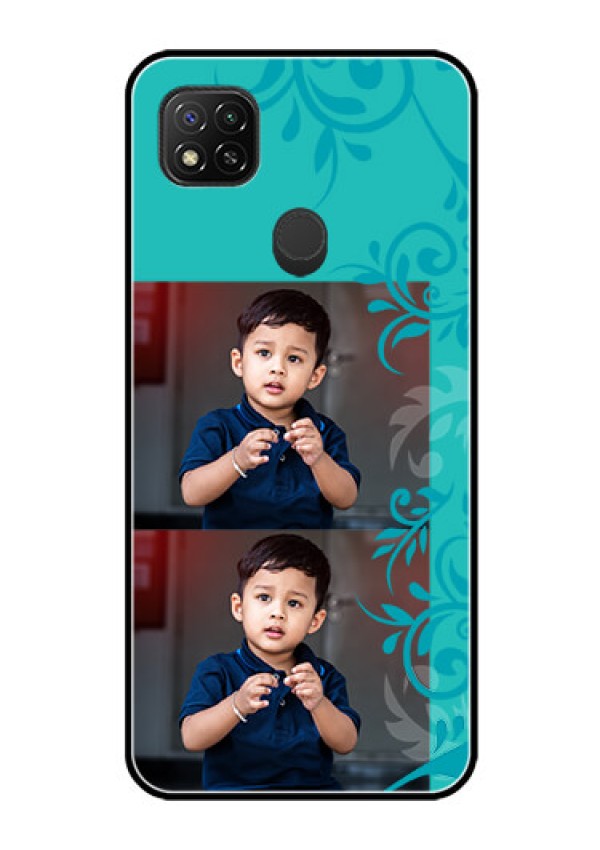 Poco C31 Personalized Glass Phone Case - with Photo and Green Floral Design 