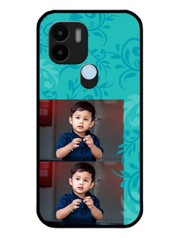 Custom Poco C50 Personalized Glass Phone Case - with Photo and Green Floral Design