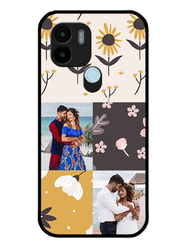 Custom Poco C50 Photo Printing on Glass Case - 3 Images with Floral Design