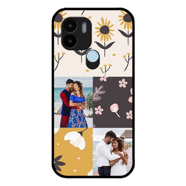 Poco C51 Photo Printing on Glass Case - 3 Images with Floral Design Poco C51 Photo Printing on Glass Case - 3 Images with Floral Design