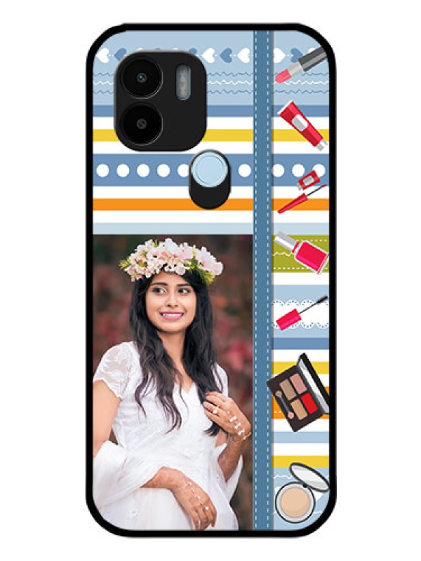 Custom Poco C51 Personalized Glass Phone Case - Makeup Icons Design