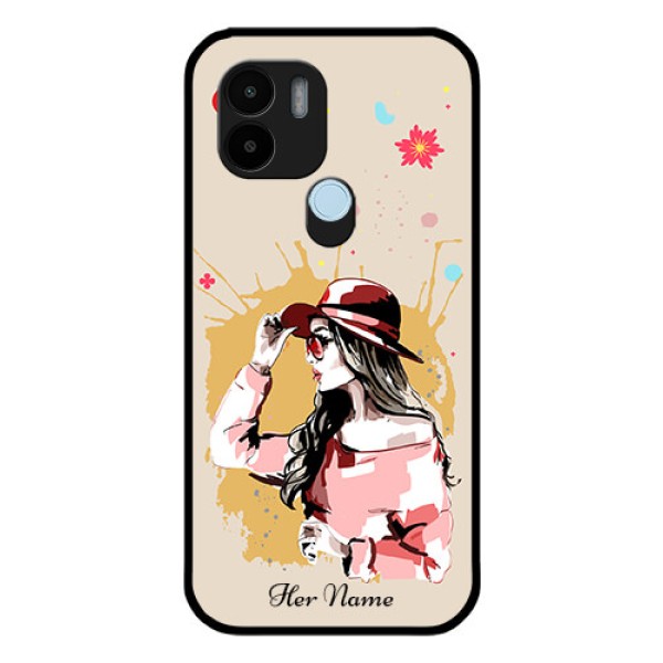 Poco C51 Photo Printing on Glass Case - Women with pink hat Design Poco C51 Photo Printing on Glass Case - Women with pink hat Design