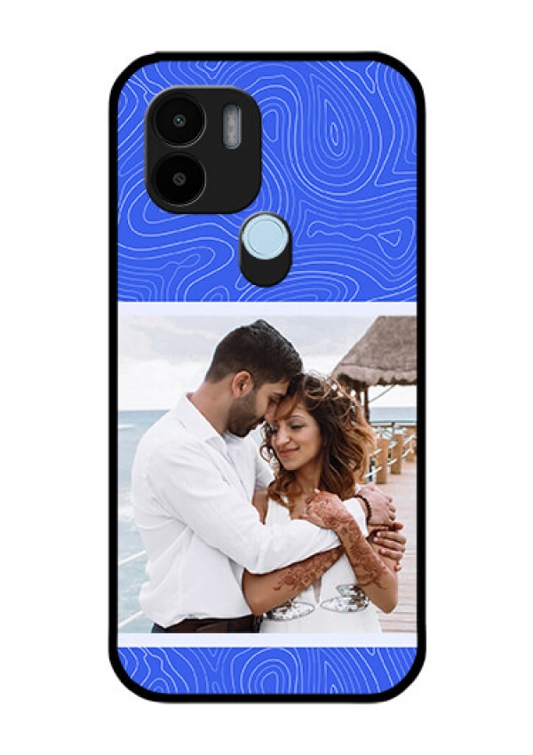 Poco C51 Custom Glass Mobile Case - Curved line art with blue and white Design