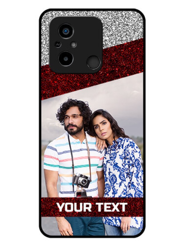 Custom Poco C55 Personalized Glass Phone Case - Image Holder with Glitter Strip Design