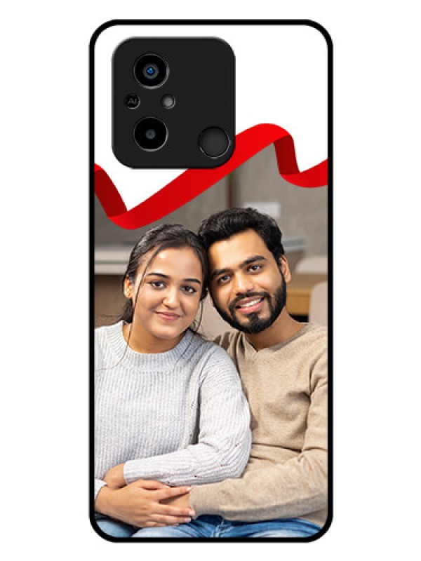 Custom Poco C55 Photo Printing on Glass Case - Red Ribbon Frame Design