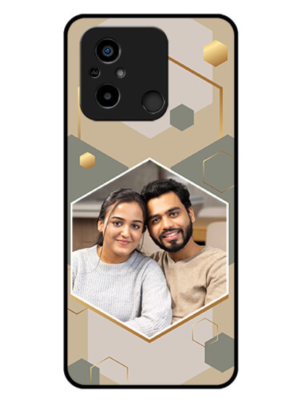 Custom Poco C55 Photo Printing on Glass Case - Stylish Hexagon Pattern Design