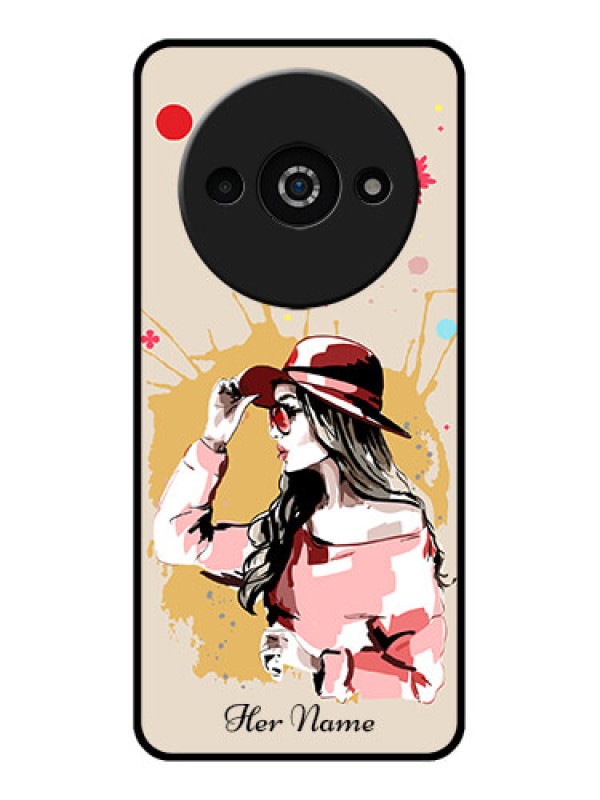 Custom Poco C61 Custom Glass Phone Case - Women With Pink Hat Design