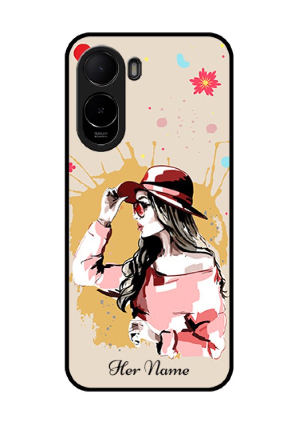 Poco C81 Custom Glass Phone Case - Women With Pink Hat Design
