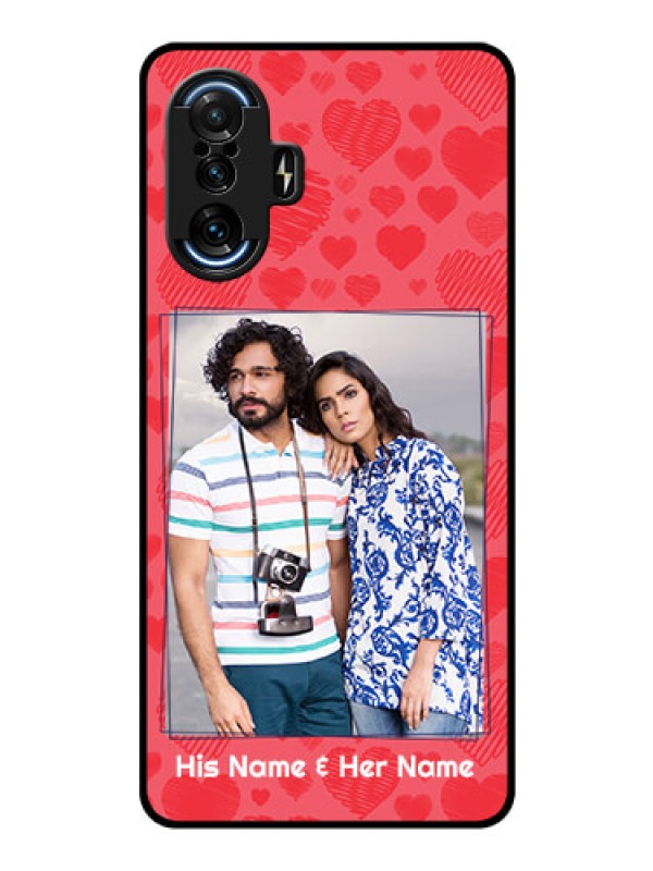 Custom Poco F3 GT Photo Printing on Glass Case - with Red Heart Symbols Design
