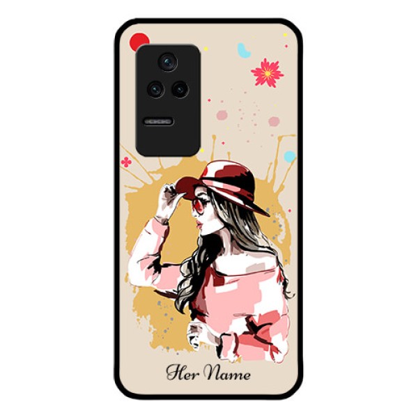 Poco F4 5G Photo Printing on Glass Case - Women with pink hat Design Poco F4 5G Photo Printing on Glass Case - Women with pink hat Design