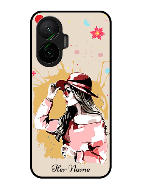 Custom Poco F7 5G Custom Glass Phone Case - Women With Pink Hat Design