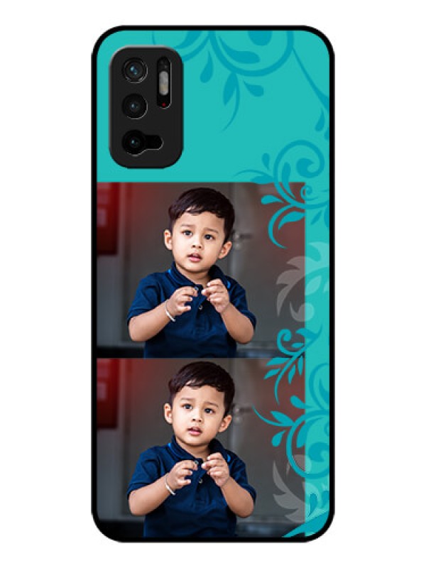 Custom Poco M3 Pro 5G Personalized Glass Phone Case - with Photo and Green Floral Design 