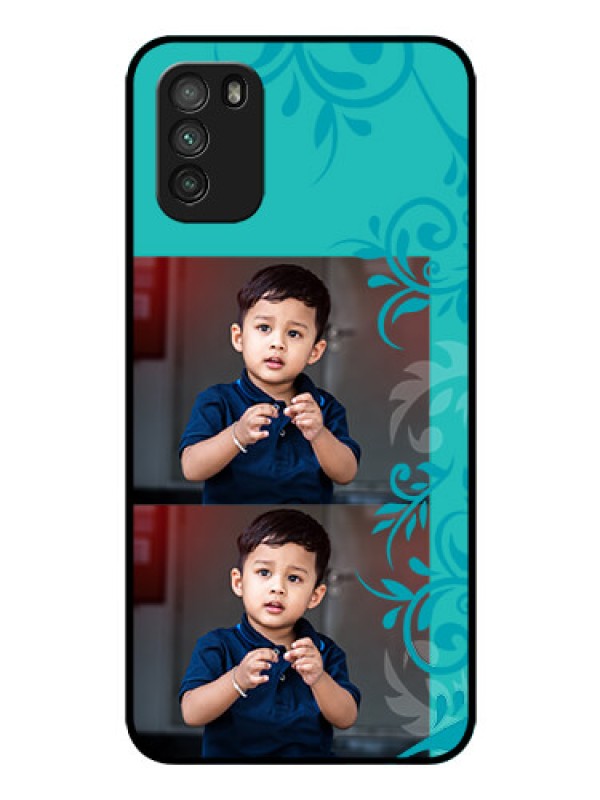 Custom Poco M3 Personalized Glass Phone Case  - with Photo and Green Floral Design 