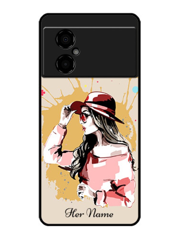 Custom Poco M4 5G Photo Printing on Glass Case - Women with pink hat Design