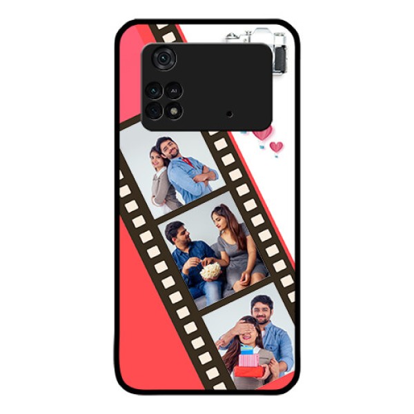 Poco M4 Pro 4G Personalized Glass Phone Case - 3 Image Holder with Film Reel