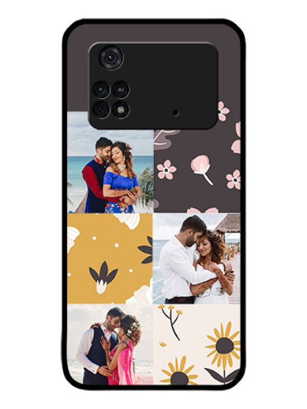 Custom Poco M4 Pro 4G Photo Printing on Glass Case - 3 Images with Floral Design