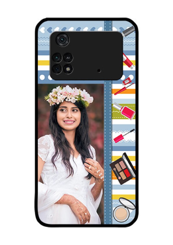Poco M4 Pro 4G Personalized Glass Phone Case - Makeup Icons Design