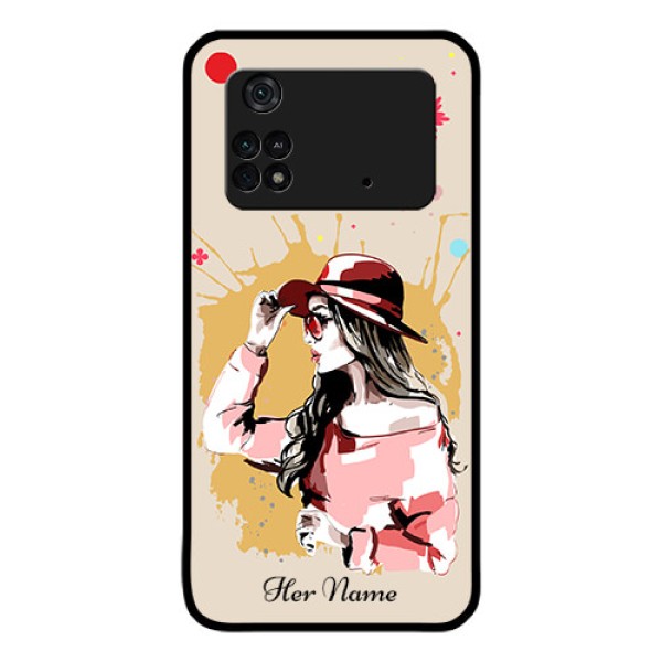 Poco M4 Pro 4G Photo Printing on Glass Case - Women with pink hat Design Poco M4 Pro 4G Photo Printing on Glass Case - Women with pink hat Design