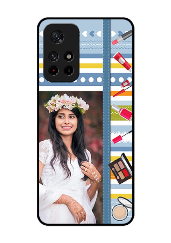 Poco M4 Pro 5G Personalized Glass Phone Case - Makeup Icons Design