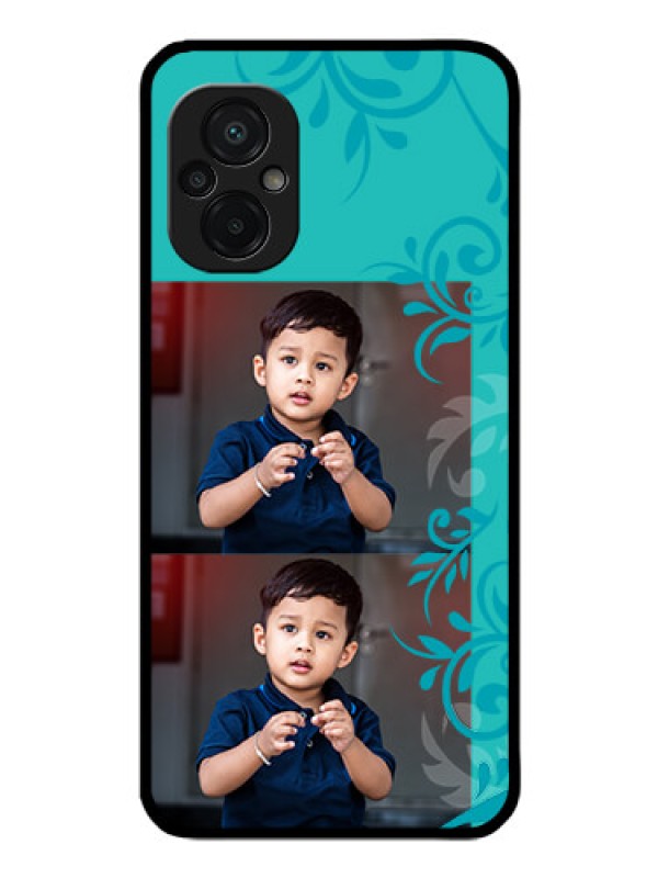 Custom Poco M5 Personalized Glass Phone Case - with Photo and Green Floral Design