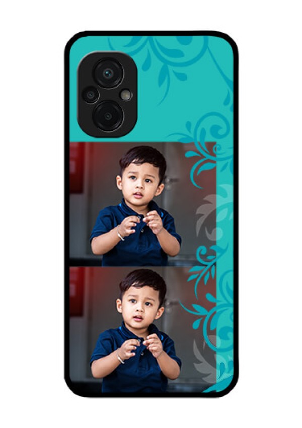 Poco M5 Personalized Glass Phone Case - with Photo and Green Floral Design