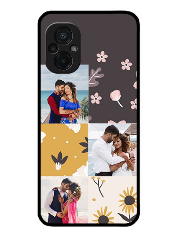 Custom Poco M5 Photo Printing on Glass Case - 3 Images with Floral Design