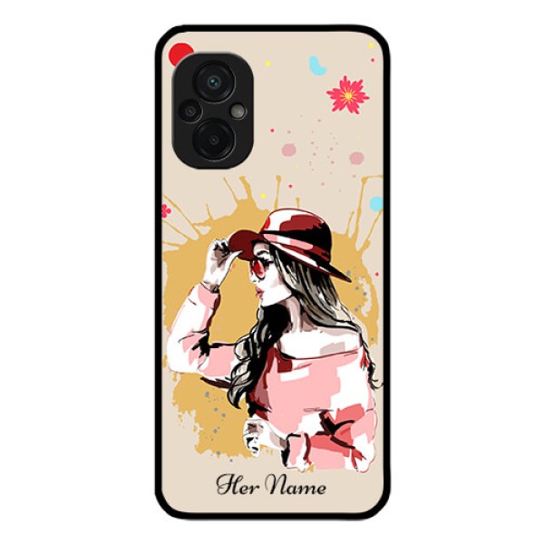 Poco M5 Photo Printing on Glass Case - Women with pink hat Design Poco M5 Photo Printing on Glass Case - Women with pink hat Design