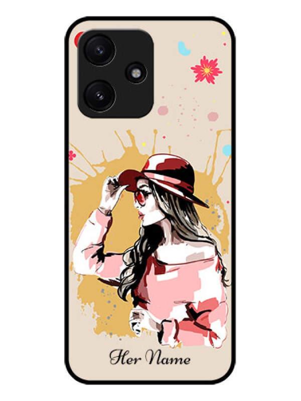 Custom Poco M6 Pro 5G Photo Printing on Glass Case - Women with pink hat Design