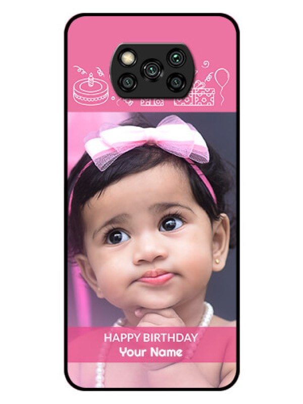 Custom Poco X3 Pro Photo Printing on Glass Case  - with Birthday Line Art Design