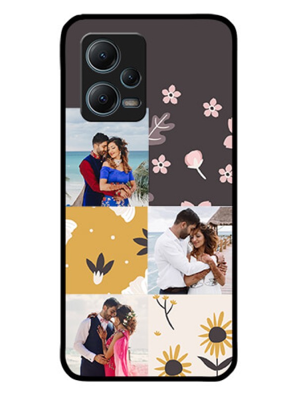 Custom Poco X5 5G Photo Printing on Glass Case - 3 Images with Floral Design