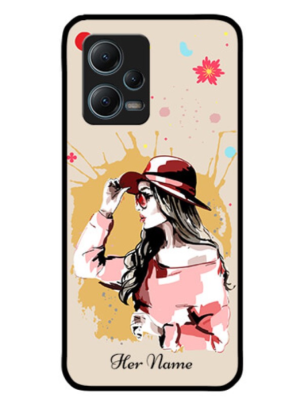 Custom Poco X5 5G Photo Printing on Glass Case - Women with pink hat Design