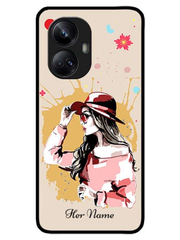 Custom Realme 10 Pro Plus 5G Photo Printing on Glass Case - Women with pink hat Design